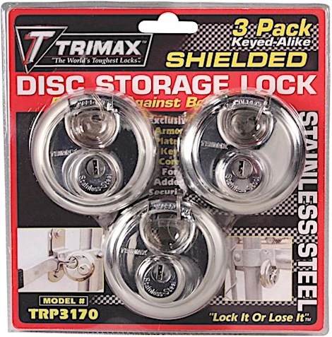Trimax Locks STAINLESS STEEL 70MM ROUND PAD LOCK - 10MM SHACKLE 3- PACK KEYED ALIKE